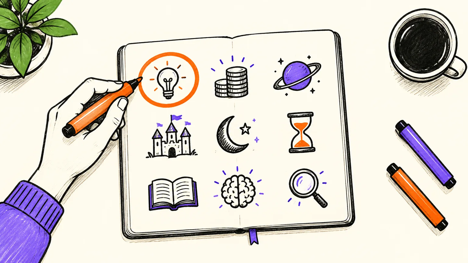 A hand with an orange marker circling one of nine small doodle icons sketched on a notebook page: a light bulb, a coin, a planet, a castle, a moon and other channel topics