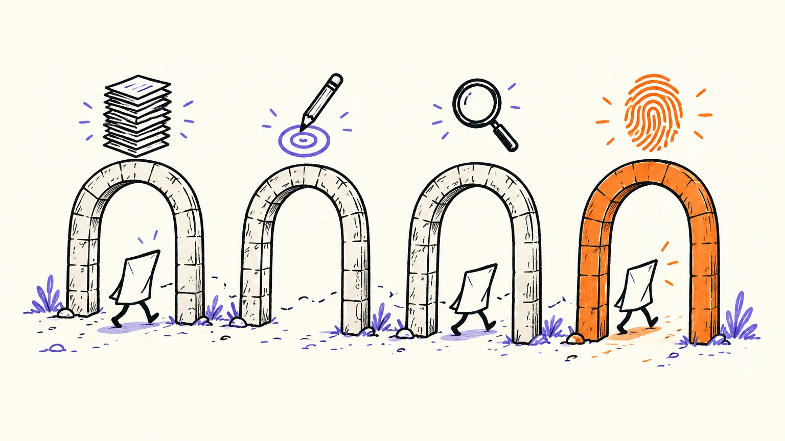 Four stone arches on a path, each with an icon above it: a stack of paper, a pencil, a magnifying glass and a fingerprint, with a paper note walking through them
