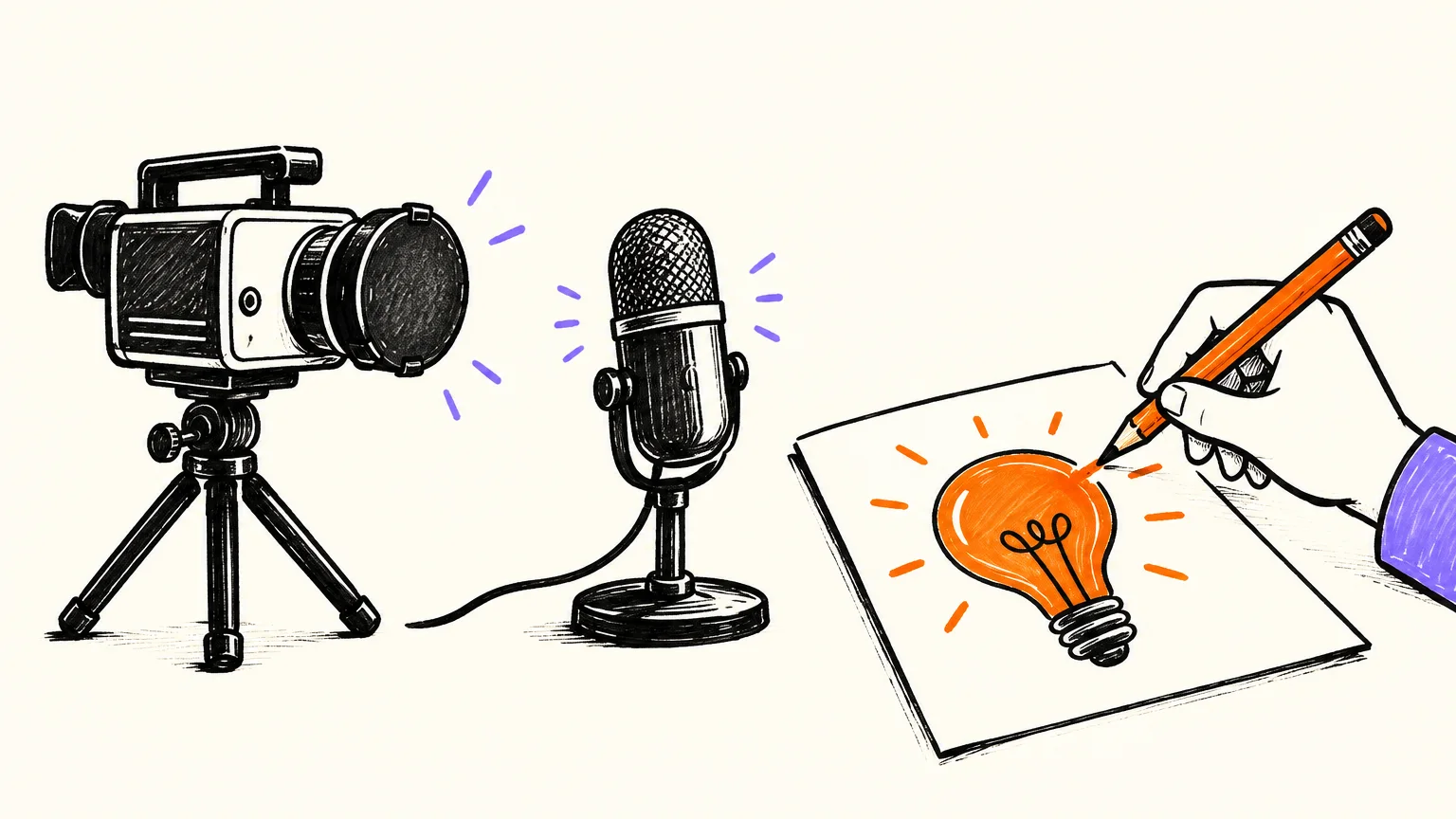 A video camera with its lens cap on beside a hand sketching a lightbulb on paper, the idea of a YouTube channel made without showing your face
