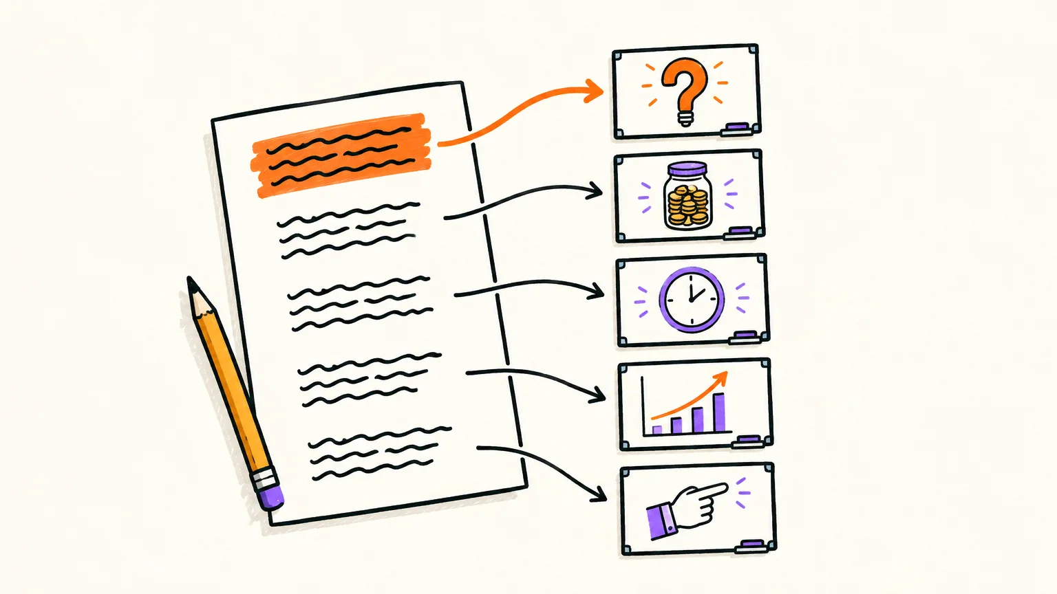 A hand-drawn script page with short paragraphs, each one linked by an arrow to a small drawn video frame on a whiteboard