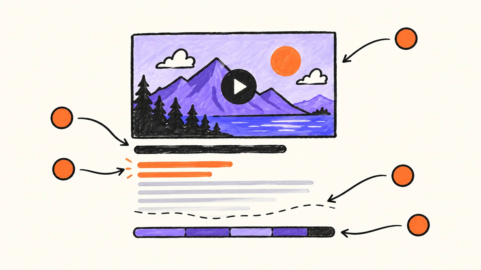 Diagram of a YouTube watch page showing the thumbnail, the title, the first two lines of the description above the fold and a progress bar split into chapters