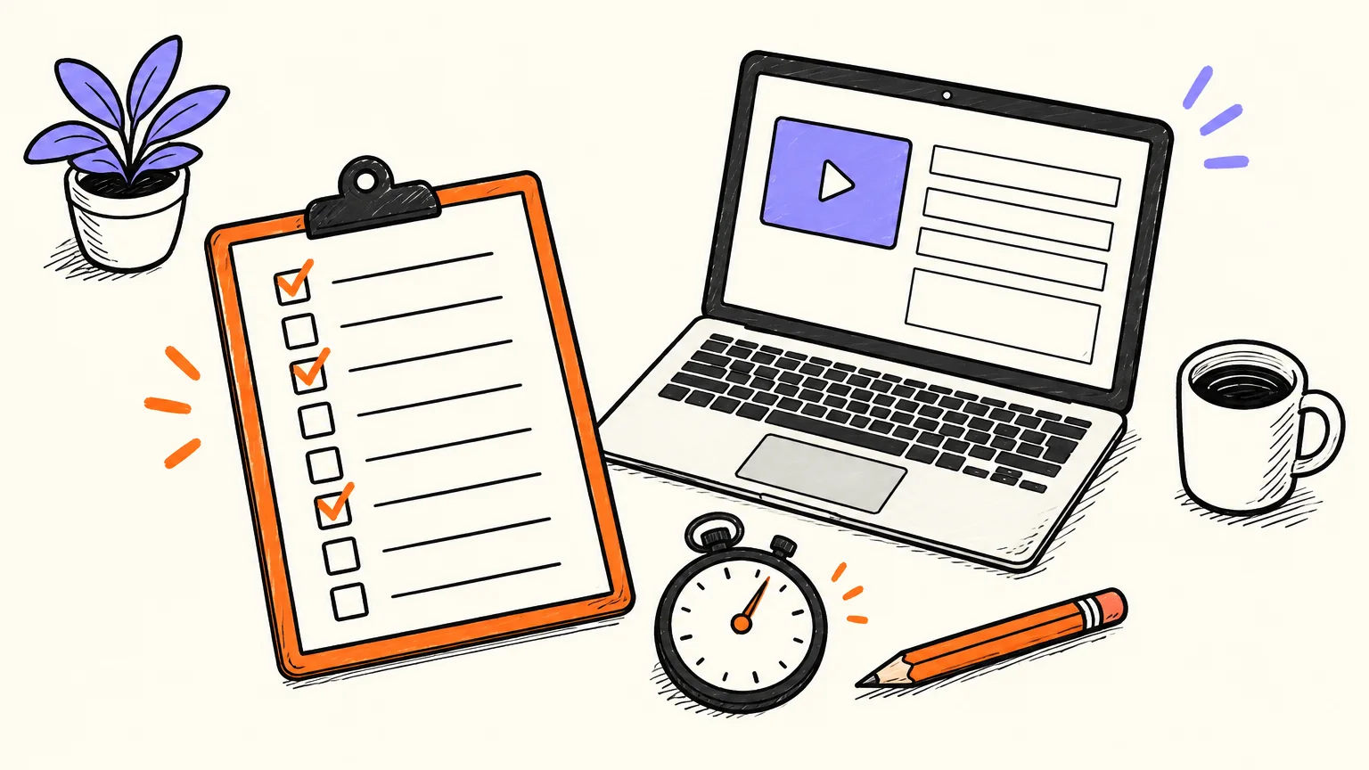 A desk with a pre-publish checklist on a clipboard, a laptop with an empty upload form and a stopwatch