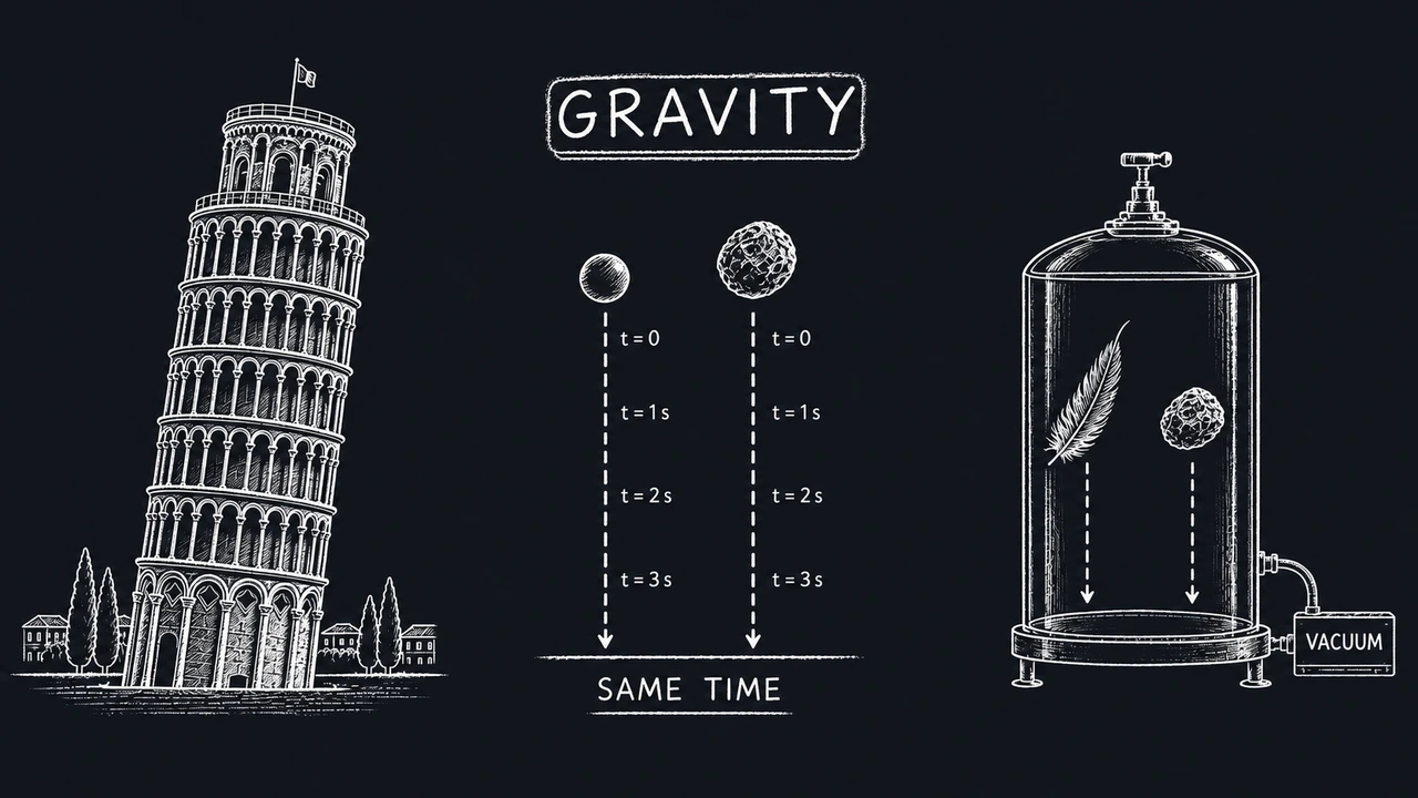 Midnight Chalk style sample: a chalk drawing of the Leaning Tower of Pisa, two balls falling side by side and a feather and a stone inside a vacuum jar