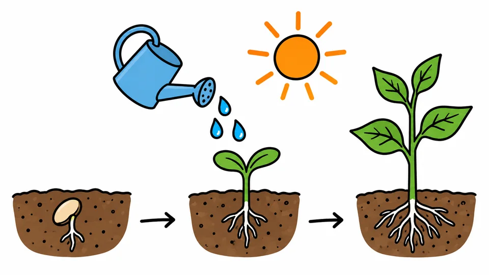 Escena de muestra con el estilo de pizarra clásico: una semilla que se convierte en planta bajo una regadera y el sol