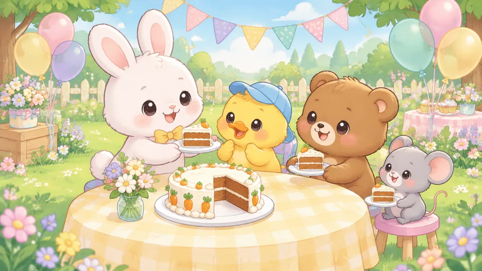 Soft Pastel style sample: a bunny, a duckling, a bear and a mouse sharing a carrot cake at a table in a sunny garden